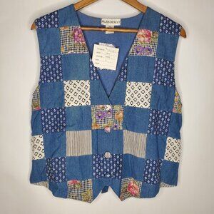 Paris Henley Womens Chambray Floral Patch Vest Size M Boho Cottage Core Prairie